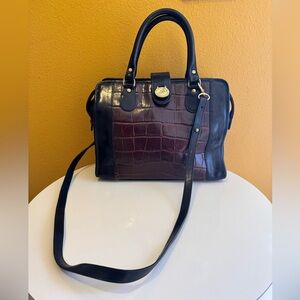 Vintage Brahmin Black Brown Crocodile Embossed Leather Handbag w/ Shoulder Strap